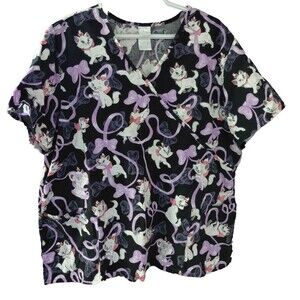 Disney Aristocats Scrub Top Women’s 2X Black White Shirt Cats Medical Nursing